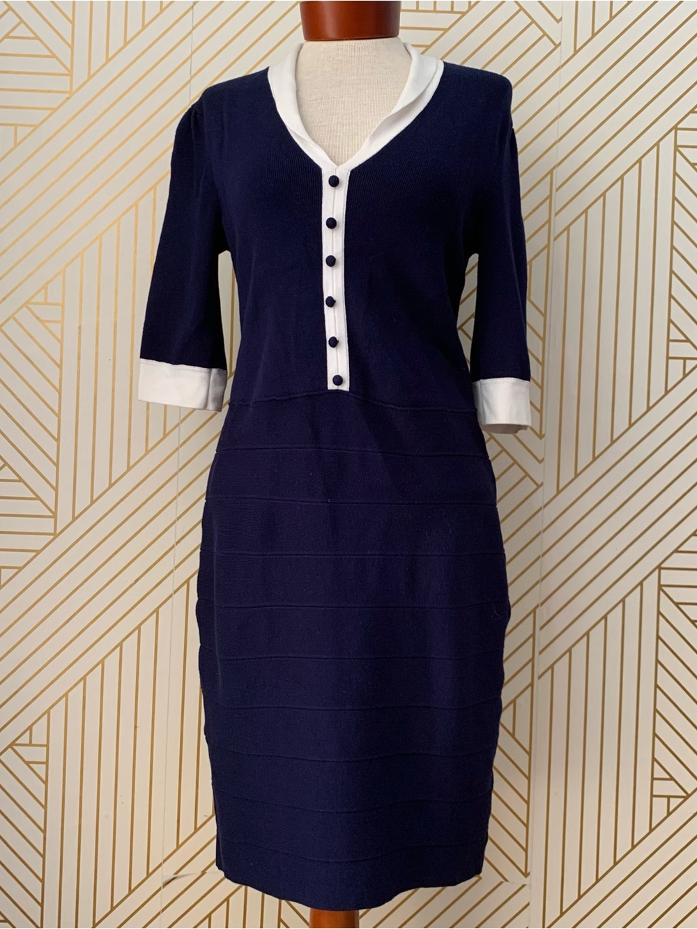 Anne Klein Navy Nautical preppy Knit old money collared coastal sweater dress S